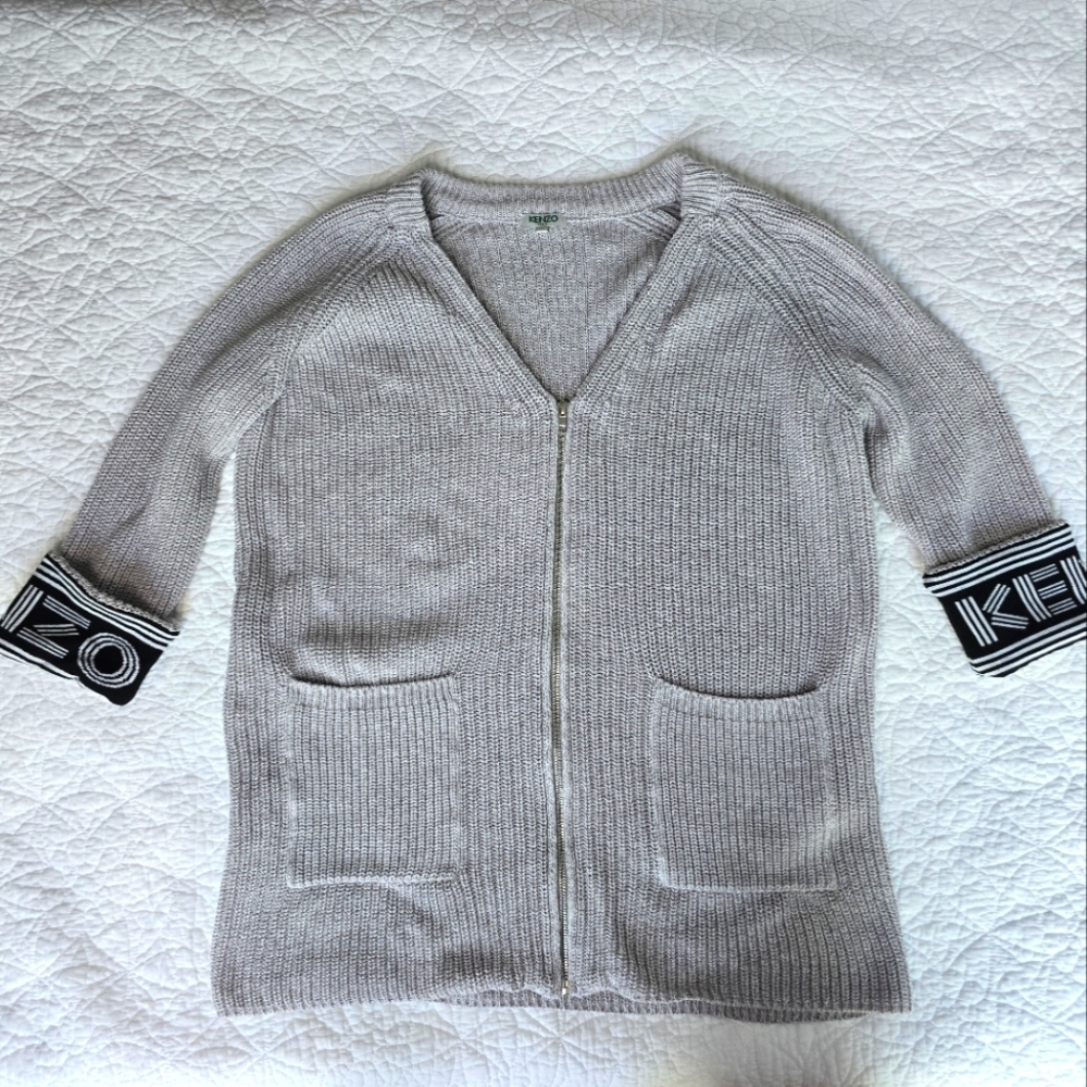KENZO Knit Zippered V-neck Cardigan Logo Printed Cuff Cotton Wool Blend - Gray